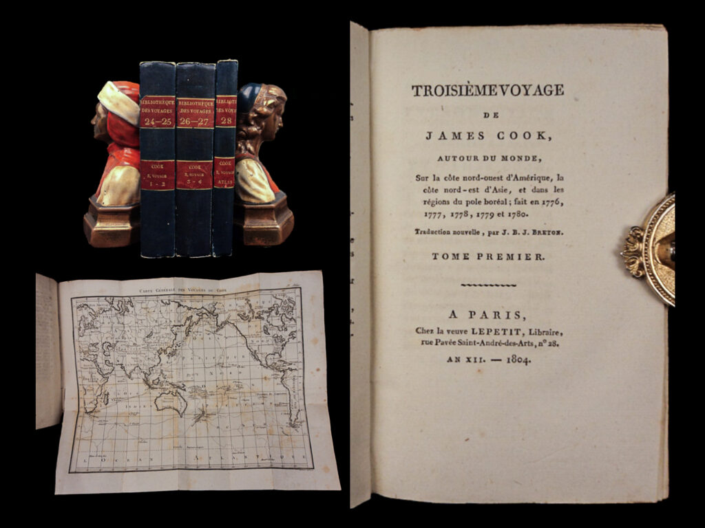 1804 captain cook 3rd voyage polynesian islands northwest passage exploration 3v | “<em>the third voyage of james cook</em>” chronicles the famed british explorer’s final expedition from 1776 to 1780, which ostensibly aimed to return omai, the first recorded pacific islander to visit england, to his homeland of raiatea but was secretly tasked with finding the elusive northwest passage. The voyage included visits to tasmania, new zealand, the tongan islands, tahiti, and the hawaiian islands—where cook met his tragic end in 1779—as well as arctic regions near alaska and russia. Translated by j. B. J. Breton, this scarce 1804 french edition compiles all four volumes and atlas into three tomes, featuring 23 engravings that depict a variety of indigenous peoples, landscapes, as well a <strong><u>map of the route taken during cook’s voyage</u>! </strong>