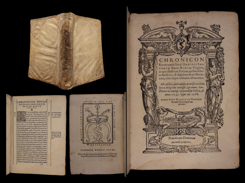 Chronicon rerum totius sacri ordinis servorum beatae mariae virginis, in quo illustrium patrum, qui sanctitate doctrina, & dignitate in eo floruerunt, vitae atque actiones co[n]tinentur : his addita sunt indulta pontificia eidem sacrae religioni concessa, & omnes sanctiones in comitijs generalibus habitae, ab anno. 1233 vsque ad. 1566. Michele poccianti; servites.