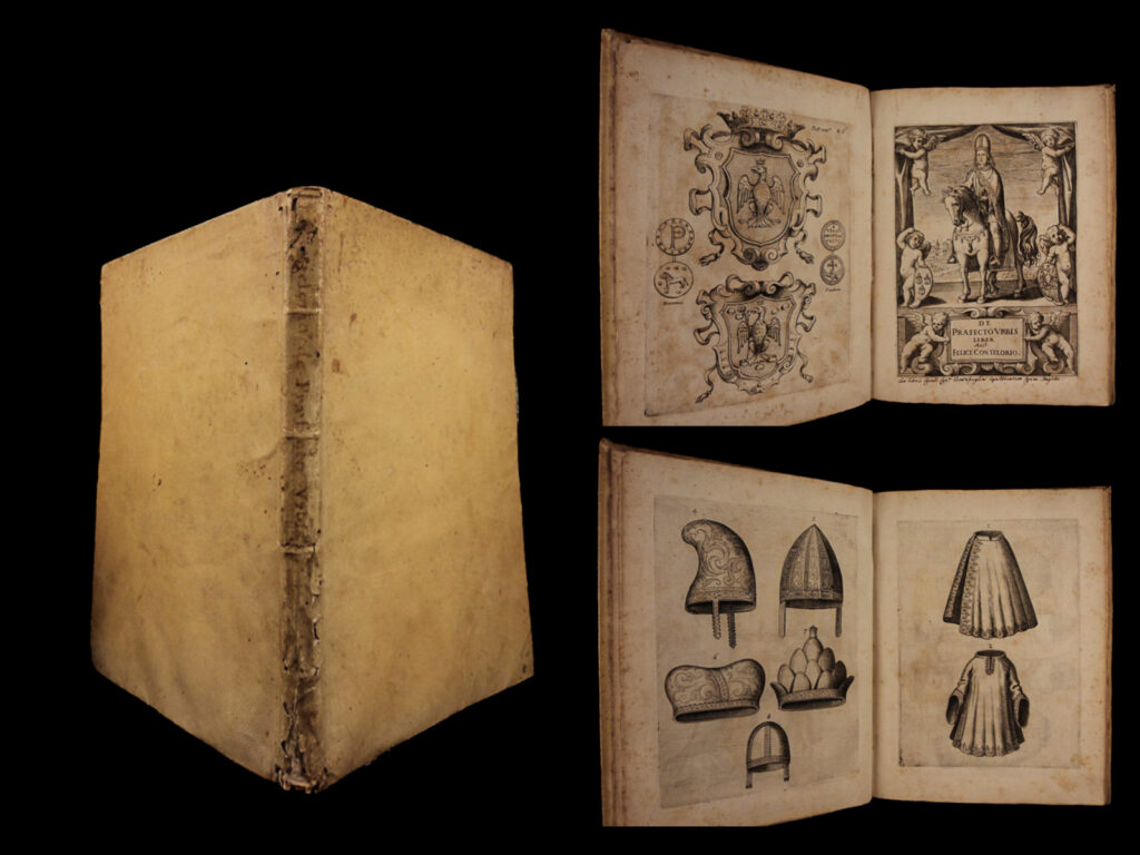 1631 1ed vatican library curator praefecto urbis felice contelori rome papacy | a first edition collection of officials and employees in rome and the vatican city from 1631. Felice contelori (fl. Early-17<sup>th</sup>-c. ) was the keeper and curator of the vatican library and archives. The 1631 book "<em>de praefecto vrbis liber</em>," provides a detailed examination of urban governance during the early 17th century. Authored by an unknown writer, this work likely served as a practical guide for city officials, offering insights into the role and duties of urban prefects. Published by the printing press of the reverendissima camera apostolica, it reflects the administrative practices of the time, offering valuable historical perspectives on municipal administration.