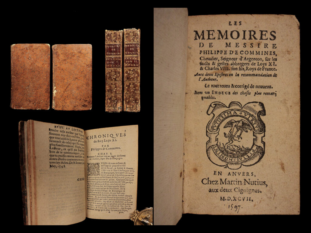 1597 memoires of philippe commines king louis xi france charles viii political | this incredible 16<sup>th</sup>-century work on french history is the personal memoirs of philippe de commines. The 1597 book "les memoires de messire philippe de commines … " published by "martin nutius," presents the memoirs of sir philippe de commines, chronicling the deeds and actions of king louis xi and his son charles viii, both kings of france. This edition also includes two letters of recommendation from the author. This work offers valuable insights into the political intrigues and events of the late 15th century in france. Published by martin nutius, this edition likely served as an important historical source during the late renaissance, providing readers with firsthand accounts of the reigns of these french monarchs. Philippe de commines (1447 – 1511) was a writer and diplomat in the courts of burgundy and france. He has been called "the first truly modern writer" (charles augustin sainte-beuve) and "the first critical and philosophical historian since classical times" (oxford companion to english literature). Neither a chronicler nor a historian in the usual sense of the word, his analyses of the contemporary political scene are what made him virtually unique in his own time. We do not find any other examples of 16<sup>th</sup>-century printings of this work for sale elsewhere! We do find early 17<sup>th</sup>-century editions for sale for over $5,600! Extremely rare and important historical source.