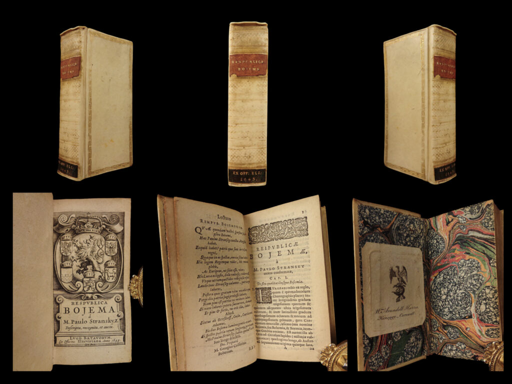 1643 history of czech republic bohemia prague tolerance elzevir pavel stransky | a very rare and mysterious history of the czech (bohemian) republic by pavel stransky. Written in latin, this second edition includes an engraved title page that was not included in the original 1634 elzevir edition. The book was written in a spirit of evoking tolerance toward the czech republic – a republic itself that was tolerant of all things foreign. But it wasn’t translated into languages other than latin until the 18<sup>th</sup>-century. Item number: #208 price: $750   click the description & details tab below to learn more.