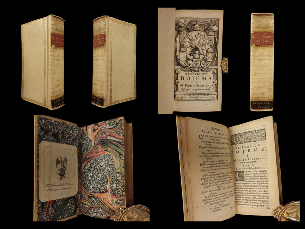 1643 history of czech republic bohemia prague tolerance elzevir pavel stransky | a very rare and mysterious history of the czech (bohemian) republic by pavel stransky. Written in latin, this second edition includes an engraved title page that was not included in the original 1634 elzevir edition. The book was written in a spirit of evoking tolerance toward the czech republic – a republic itself that was tolerant of all things foreign. But it wasn’t translated into languages other than latin until the 18<sup>th</sup>-century. Item number: #208 price: $750
