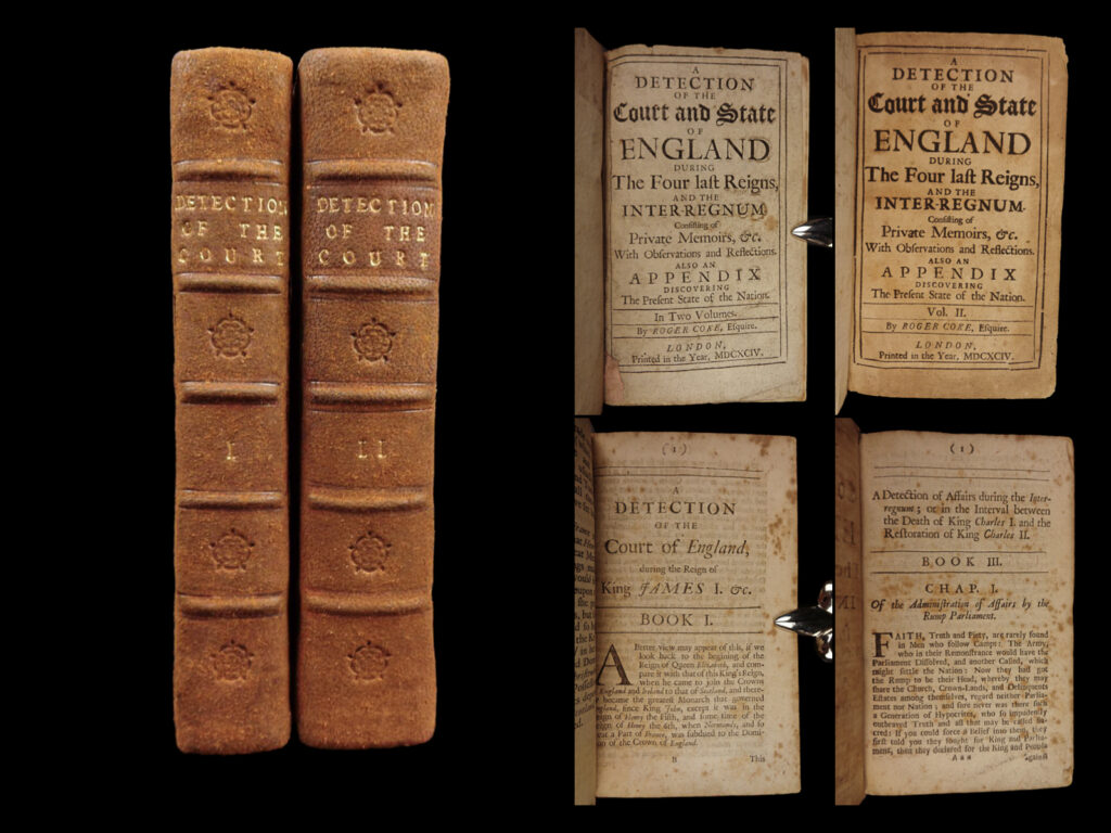 1694 1ed detection of court coke england navy ships andrew marvell cromwell 2v | <em>“a sort of secret history, engaging to and englishman, naturally inquisitive, curious and greedy of scandal. ” – </em>lowndes <em> </em> <em>according to maltzahn in the “andrew marvell chronology,” roger coke draws much of his content for ‘detection’ from marvell’s ‘account of the growth of popery in england. ” from this work, coke notes, “mr. Marvel, at the end of his ‘growth of popery,’ gives an account of sixty-three of these ships with the master’s names, their burden, landing, and the ports they belonged to. ” this work was written in a simple, gossip-style and filled with anecdotes </em>(stephen, <em>dictionary of national biography</em>, 247). <em> in addition to records of ships, this work contains notes on lives and deaths of kings chares i and ii, cromwel, the dutch war, and more! </em> <em> </em> item number: #379 price: $950