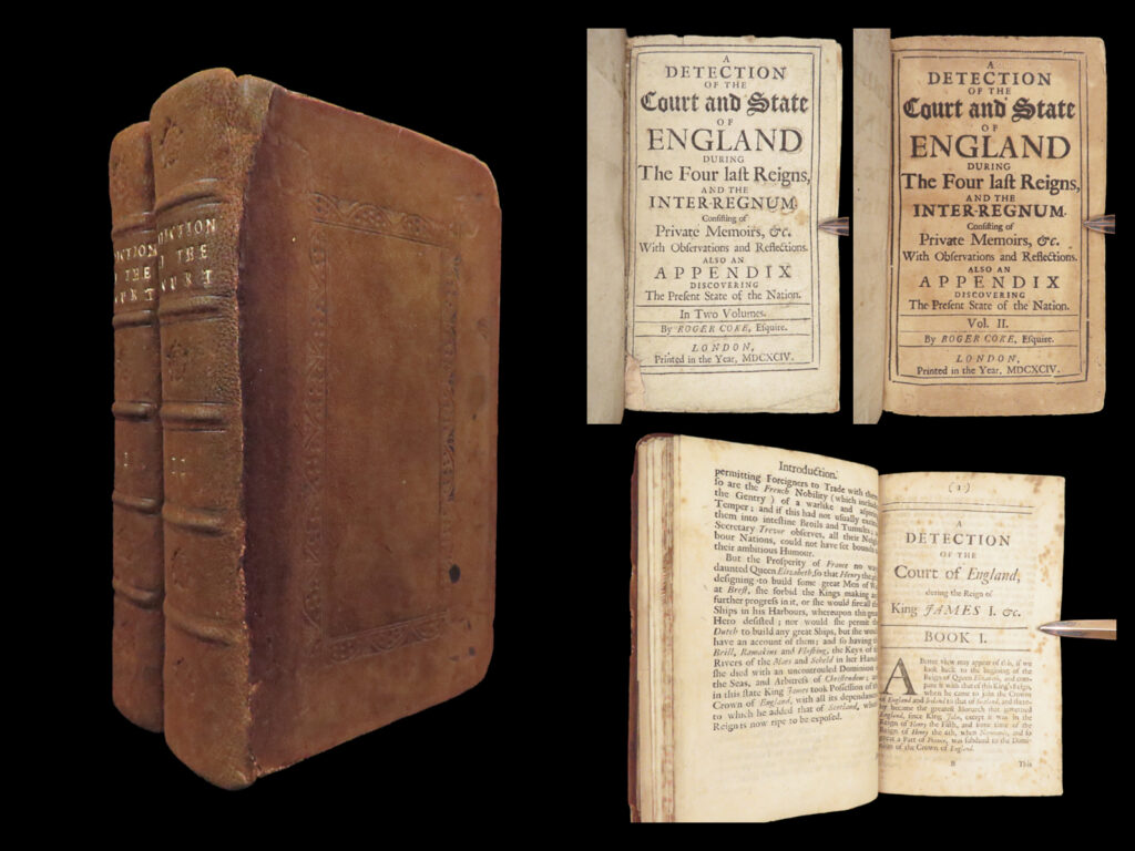 1694 1ed detection of court coke england navy ships andrew marvell cromwell 2v | <em>“a sort of secret history, engaging to and englishman, naturally inquisitive, curious and greedy of scandal. ” – </em>lowndes <em> </em> <em>according to maltzahn in the “andrew marvell chronology,” roger coke draws much of his content for ‘detection’ from marvell’s ‘account of the growth of popery in england. ” from this work, coke notes, “mr. Marvel, at the end of his ‘growth of popery,’ gives an account of sixty-three of these ships with the master’s names, their burden, landing, and the ports they belonged to. ” this work was written in a simple, gossip-style and filled with anecdotes </em>(stephen, <em>dictionary of national biography</em>, 247). <em> in addition to records of ships, this work contains notes on lives and deaths of kings chares i and ii, cromwel, the dutch war, and more! </em> <em> </em> item number: #379 price: $950   click the description & details tab below to learn more.