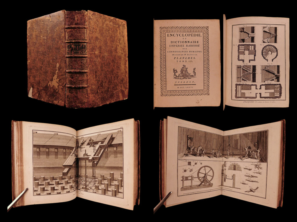 1776 1ed encyclopedia of yverdon illustrated surgery anatomy alchemy diamonds | <em>often called the “protestant encyclopedia,” this encyclopedia was a response work to the famous diderot and d’alembert universal dictionary. This “encyclopaedia of yverdon” was published as a ‘less-anti-religious’ work than that of diderot. This french universal dictionary <strong>is filled with <u>142 copper engravings</u></strong>. This third volume from the complete set covers topics from c-d and has illustrations of carpentry, wood construction, bridge building, surgery, human anatomy (skeletons), medical instruments, cobblers, gilders, chemists and alchemists, diamond grinders, wagon builders, lace bracers, clothmakers, seamstresses, ropes, roofers, and many other professions. </em>