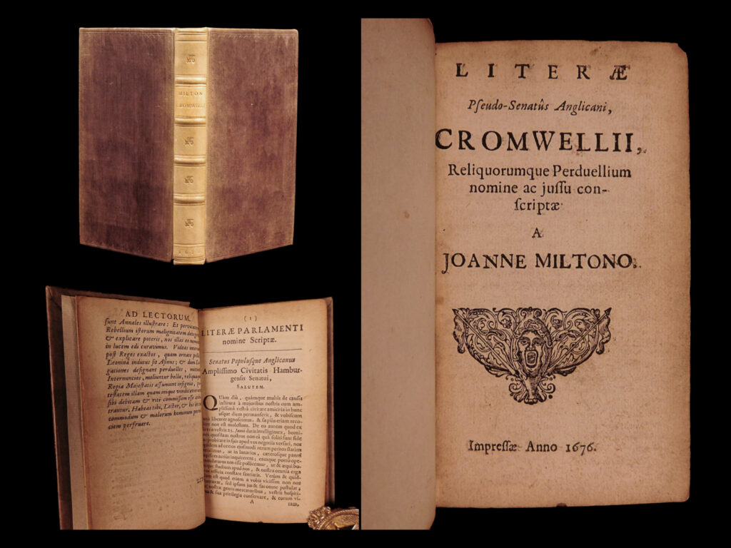 1676 john milton republican letter english government cromwell political england | <em>“to be blind is not miserable; not to be able to bear blindness, that is miserable” </em> – john milton <em> </em> <em>in 1676, the year of the first printing, two editions of “literae pseudo-senatus” by john milton were published by fricx. They are identifiable by the printer’s device on the title page – the ‘face edition’ and the ‘basket of fruit’ edition. The first printing had an image of a basket of fruit, while the second printing featured a decorative face above the imprint. </em>(hunter, <em>a milton encyclopedia</em>). <em>the present edition is the latter, which milton attempted to duplicate the first edition. This book is a collection of 136 state-papers or dispatches written by john milton to the council of state on his views of republicanism. </em> <em> </em> <em>this work seems to have been the source for editions in german, but those are not attributed to john milton. With dozens of other printings in various language, it is clear that a number of manuscripts of this text were available, some of which were significantly more accurate than others. This book saw its first publication after milton’s death – and did not appear in england until 1682 in an anonymous translation called “milton’s republican letters. ”</em> <em> </em> <em>when cromwell came to power in 1651, john milton believed that the commonwealth was not following proper governmental paths and procedures. These are many of milton’s republican ideals. </em>   click the description & details tab below to learn more.