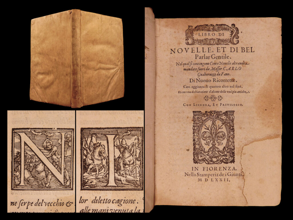 Cover, title page, and decorative letters from 1572 italian novella book.