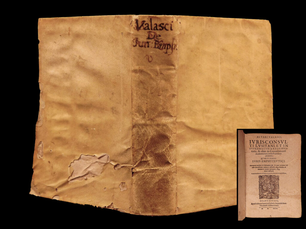 1599 1st ed alvaro valasco vaz questiones juris emphyteutici roman law portugal | <em>a rare 16<sup>th</sup>-century first edition of alvari valasco’s “quaestiones juris” – a collection of fifty-one ‘questions’ with answers, discussions, and commentary. The discussions are chiefly based on roman law with attention to papal decrees, the “libri feudorum”, and statutory law in portugal. Valasco also discusses the right to own land, property, and acquire agricultural funds – the idea that property and home improvement was important. </em> <em> </em> <em>according to zwierlein,</em> "early modern commentators saw emphyteusis as a very robust right, and a few therefore felt the need to specify, as did the portuguese jurist alvaro vaz, that it was 'contrary to justice and equity' for a prince to deprive the emphyteuta of his land without cause" (zweirlein, 95)     click the description & details tab below to learn more.