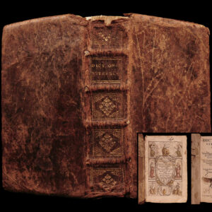 A photograph of an aged, brown leather-bound dictionary with a cracked spine labeled "Dictionarium Tetraglotton." The inset in the lower right displays two internal title pages—one ornate with allegorical illustrations, and the other with printed bibliographic information. The book is attributed to Manuel Martinez and printed in Antwerp in 1684.
