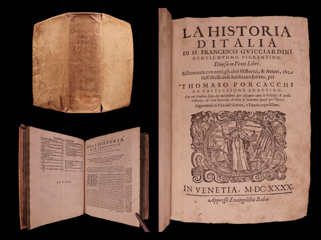 La historia d’italia di m. Francesco guicciardini gentil’huomo fiorentino, divisa in venti libri : riscontrata con tutti gli altri historici, & autori, che dell’ istesse cose habbiano scritto, per thomaso porcacchi da castiglione arretino ; con un giudicio fatto dall medesimo, per discoprir tutte le bellezze di questa historia ; & una raccolta di tutte le sententie sparse per l’opera : aggiuntaui la vita dell’ autore, e tauole copiosissime. Francesco guicciardini.