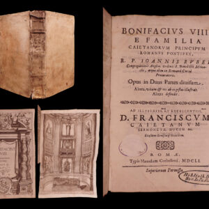Bonifacius VIII. e familia Caietanorum principum romanus pontifex, R. P. Ioannis Rubei, Congregationis Angliae, ordinis S. Benedicti Monachi, atqueolim in Romanà Curià procuratoris. Opus in duas partes diuisum. Altera, vitam & res ab eo gestas illustrat; altera defendit. Ad illustriss. et excellentiss. D. Franciscum Caietanum sermonetae ducem &c. Eiusdem Bonifacii Gentilem. Giovanni Battista [Rubeus] De Rossi.