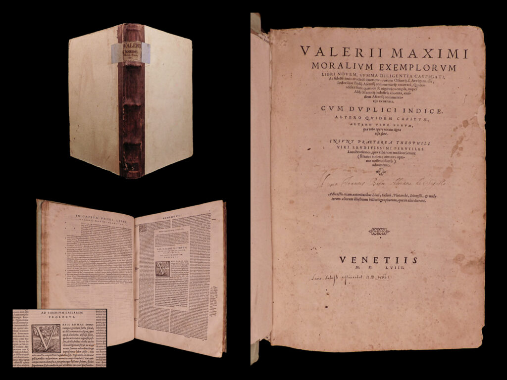 Valerii maximi moralium exemplorum libri nouem, summa diligentia castigati, ac fidelissimis eruditissimorum uirorum oliuerij s. Arziganensis, iodocique badij ascensij commentarijs enarrati, quibus addita sunt quatuor & viginti exempla, nuper aldi manutij industria inuenta, eiusdem ascensij commentarijs exornata. Cum duplici indice, altero quidem capitum, altero vero eorum, quae toto opere notatu digna uisa sunt. Insunt praeterea theophili viri eruditissimi perutiles lucubrationes, quae tibi non mediocri erunt (si huius autoris uirtutes optime nosse uolueris) adiumento. Adiunctis etiam autoritatibus liuii, iustini, plutarchi, dionysii, et multorum aliorum illustrium historiographorum, quae in aliis deerant. Valerius maximus.