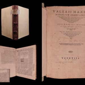 Valerii Maximi Moralium exemplorum libri nouem, summa diligentia castigati, Ac fidelissimis eruditissimorum uirorum Oliuerij s. Arziganensis, Iodocique Badij Ascensij commentarijs enarrati, Quibus addita sunt quatuor & viginti exempla, nuper Aldi Manutij industria inuenta, eiusdem Ascensij commentarijs exornata. Cum duplici indice, altero quidem capitum, altero vero eorum, quae toto opere notatu digna uisa sunt. Insunt praeterea Theophili viri eruditissimi perutiles Lucubrationes, quae tibi non mediocri erunt (si huius autoris uirtutes optime nosse uolueris) adiumento. Adiunctis etiam autoritatibus Liuii, Iustini, Plutarchi, Dionysii, et multorum aliorum illustrium historiographorum, quae in aliis deerant. Valerius Maximus.