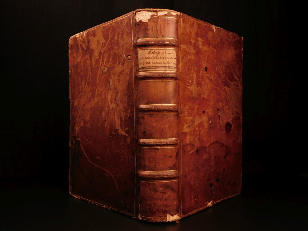 1599 law commentary on constitutions french roman juris civilis pierre rebuffi | <em> </em> <em>the ‘institutes of justinian’ is a portion of the full corpus juris civilis, largely based on the institutes of gaius. Justinian sought to reform roman law and education. This work was originally intended to be used by law students, but they were not solely used as a textbook, they actually carried legal weight …as law! </em> <em> </em> <em>these institutes have been edited with commentary for decades, some more popular than others, but pierre rebuffi’s is a highly important late 16<sup>th</sup>-century edition. Rebuffi was a french jurist who was perhaps the most famous legal scholar of his day. He is most remembered for his ‘commentary on the constitutions’ which is a collection of various titles on roman law –</em> <ul> <li>‘tractatus de litteris obligatoriis regio sigillo’</li> <li>‘tractatus de chirographorum and cedularum recognitione’</li> <li>‘tractatus de sententiis praejudicialibus’</li> <li>‘de sententiis executoriis’</li> <li>‘de evocationibus utilis’</li> <li>‘de litteris civilibus’</li> <li>‘de supplicationibus’</li> </ul> <em>this 1599 edition features royal ordinances printed completely in french, as rebuffi’s commentaries appear in latin. A fascinating late 16<sup>th</sup>-century edition! </em>