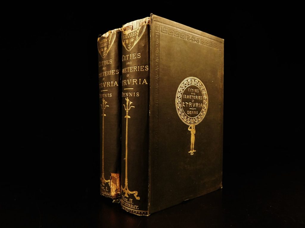 1883 cities & cemeteries of etruscans ancient italy tuscany illustrated maps 2v | <em> </em> <em>when george dennis’s ‘cities and cemeteries of etruria’ was first published, it was without question </em><strong><u>the most complete and authoritative 19<sup>th</sup>-century account of the etruscan civilization. </u></strong><em> even to today, much of the ancient italian people’s culture and life is a mystery, but dennis provided important research and studies on early etruscans. Much of the work relates to ancient architecture, describing grottos, amphitheaters, cemeteries, and even decorative sarcophaguses. Dennis gained his understanding of this civilization through his journey made from ancient etruscan ruins in the 1840s. </em> <em> </em> <em>this 1883 third edition, which is a reissue of the expanded second edition, is profusely illustrated throughout with in-text engravings, many drawn by dennis himself, and four folding maps – very impressive work! An according to allibone, this work is</em> “a valuable storehouse of classical and antiquarian lore to every scholar”.