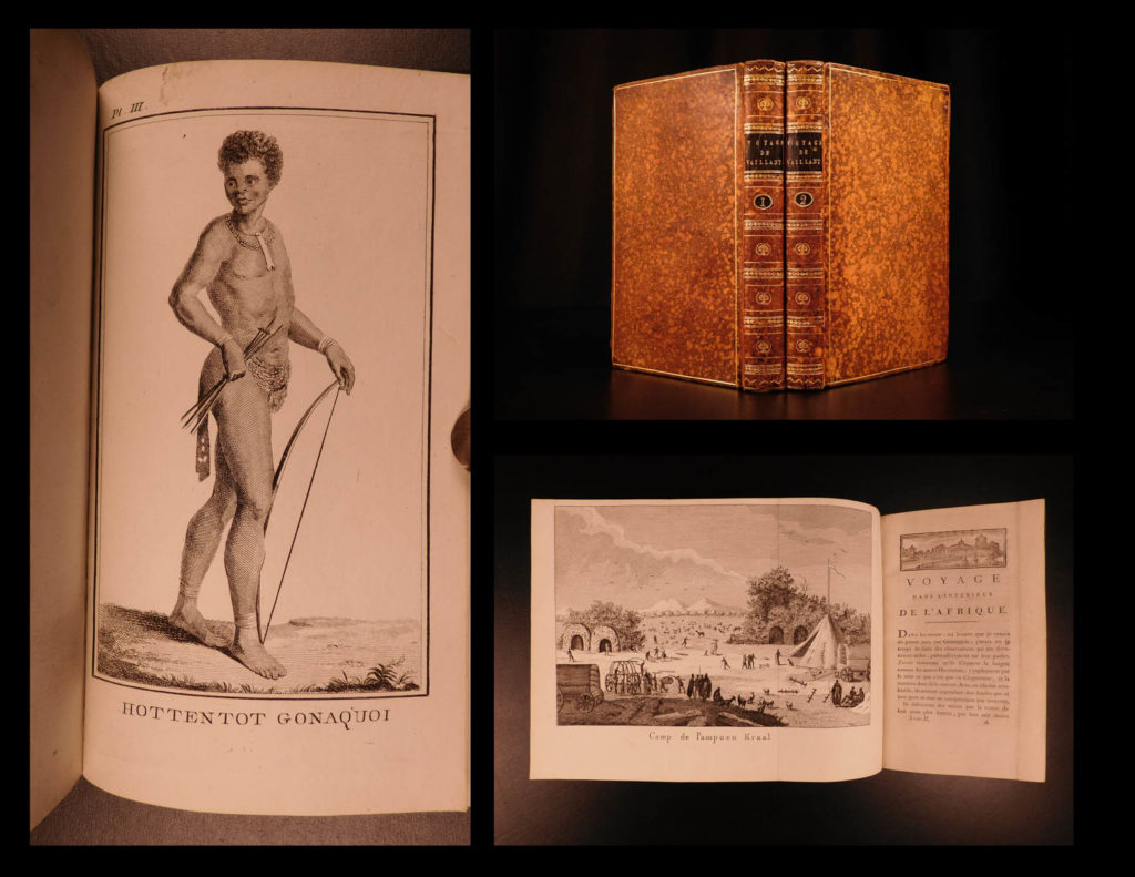 1790 1st ed vaillant africa voyages hottentot ethnology zoology birds giraffe 2v | <em>françois le vaillant was an 18<sup>th</sup>-century french explorer known for his descriptions of animals and birds in africa. In 1780, he began a voyage to the cape of good hope with the dutch east india company. While there, he collected various specimens of animals and plants, and encountered local natives, the hottentot people. These two volumes include views of the hottentots and their villages, as well as birds, and large african mammals such as giraffes. </em> <em> </em> <em>this first edition is famous for its inclusion of uncensored depictions of hottentot men and women within the 12 full-page engravings. </em>