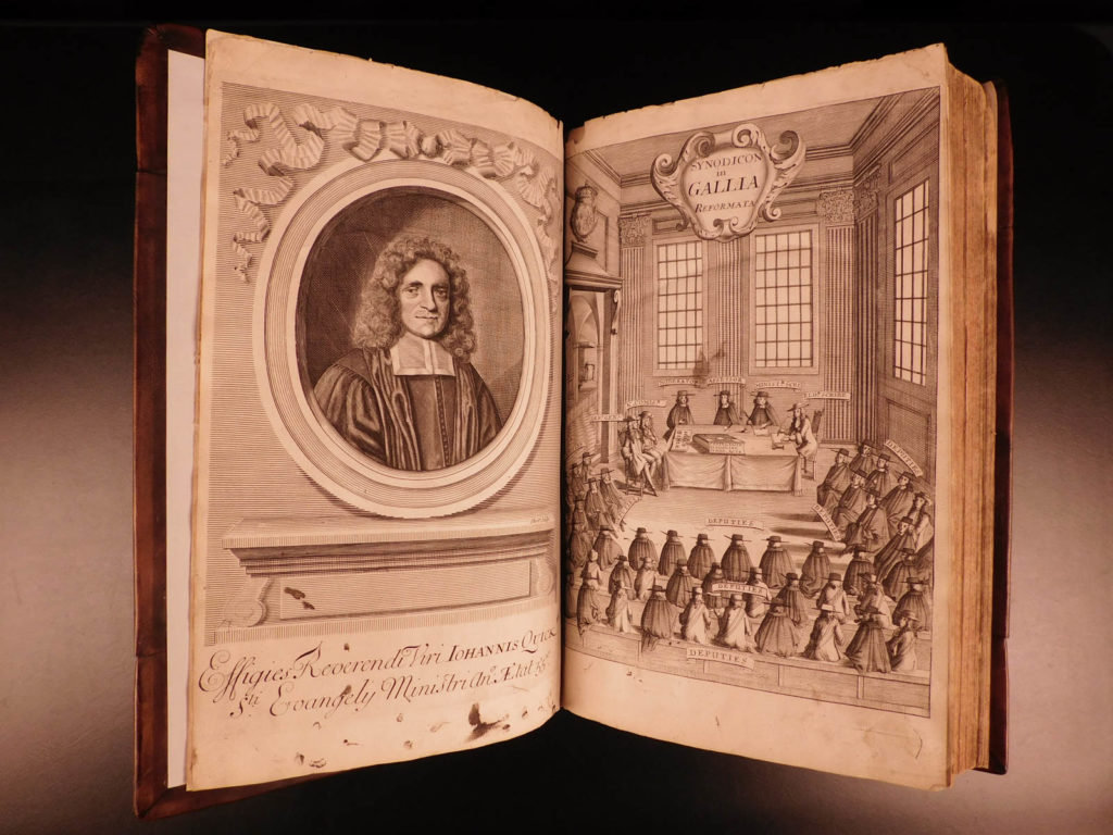 1692 puritan & huguenot liturgy john quick gallia reformata french protestants | <em>john quick was a 17<sup>th</sup>-century anglican preacher known for his puritan sermons and association with french huguenot refugees. Many of these refugees fled from french rule and landed in england near plymouth. It was from these events that quick wrote ‘synodicon in gallia reformata’ – a collection of liturgical texts used by the huguenots in late 17<sup>th</sup>-century england. </em> <em> </em> <em>this volume from the 1692 first edition features an impressive double frontispiece: a portrait of quick and a full-page view of the synod gathering. </em>