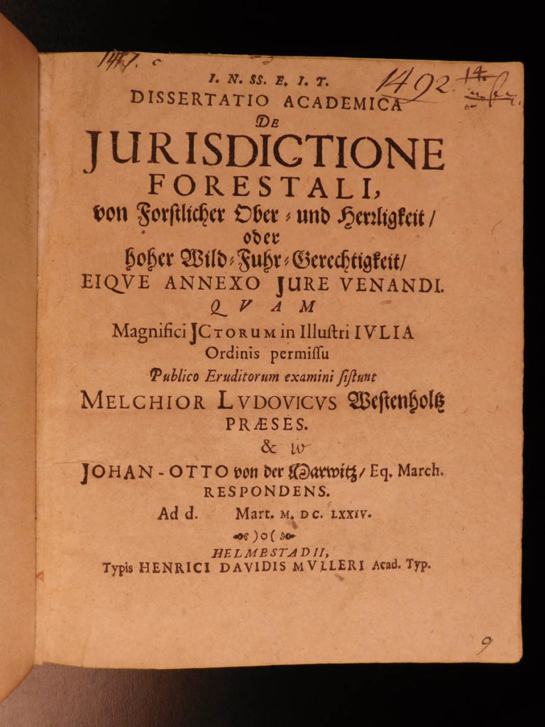 1674 1ed rare bavarian treatise on hunting & forestry law bear hunts sports | <em>an incredibly rare and impressive 17<sup>th</sup>-century treatise on the jurisdiction of hunting and outdoor sports in bavaria. This work examines the laws and rights of hunters, particularly the right to bear hunt. In this 1674 printing, each law is plainly explained, most of which have handwritten notes in the margins. </em>