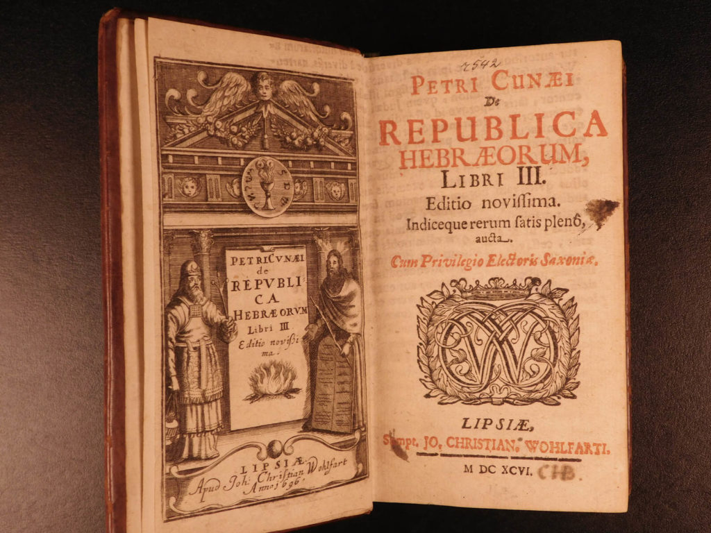 1696 hebrew republic judaism judaica republican government semitism cunaeus | <em>petrus cunaeus was an early 17<sup>th</sup>-century dutch scholar whose <strong>‘hebrew republic’ is considered, according to tuck, “the most powerful statement of republican theory in the early years of the dutch republic. ” </strong></em><strong>(tuck, 169)</strong>   <em>“de republica hebraeorum” describes ancient hebrew kingdoms and portrays it as the model of republican governments. This book was highly influential on the formation of the dutch republic, even though cunaeus foresaw the dutch government falling just as rome did. Ultimately, cunaeus sought for the book to instill tolerance toward 17<sup>th</sup>-century jews through the publication of ‘republica. ’</em> <em> </em> <em>this 1696 edition features a charming full-page frontispiece. </em>