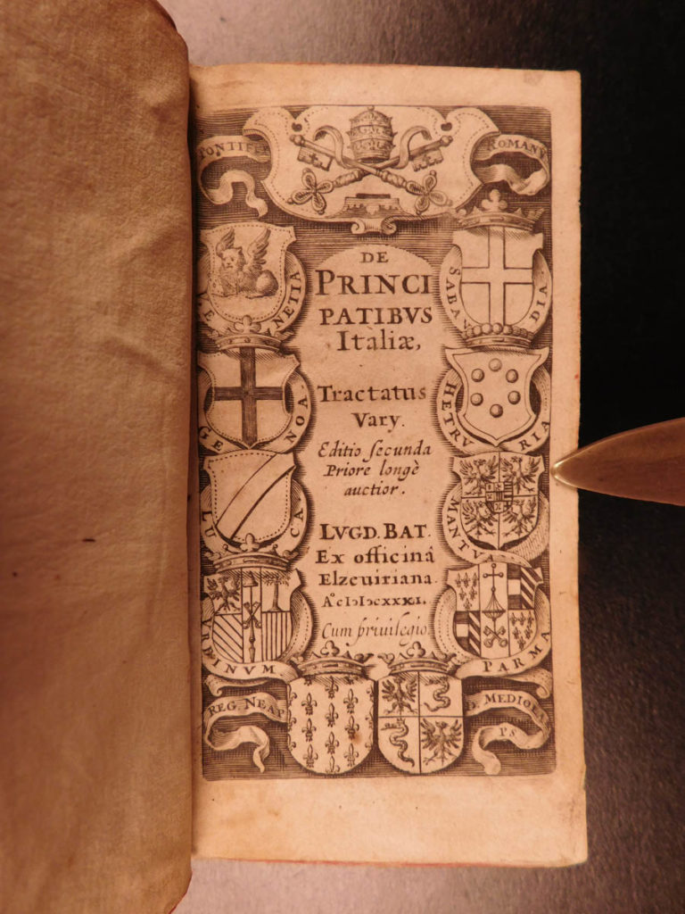 1631 principatibus italiae italian politics elzevier italy laet segetho galileo | <em>‘de principatibus italiae’ is a rare, early 17<sup>th</sup>-century work featuring a collection of important essays and treatises by notable authors joannes de laet and thomas segetho. Published by the famed elzevier, this book features two main works:</em> <ul> <li>‘incerti auctoris de principibus italiae commentarius’</li> <li>‘tractatus de territoriis, potentia, familiis, foederibus, principum, rerumpublicarum…’</li> </ul> <em>both of these works are studies and observations on the italian government and politics. </em>(shahan)<em>. It should be noted, that while segetho was not the most famous of english scholars, he was a skilled poet and pupil of galileo. He is probably best remembered for comparing christopher columbus and galileo saying how much greater galileo was because he ‘gave us new worlds without any damage to anybody! ’. </em>