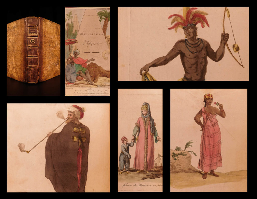 1788 costumes illustrated inuit eskimo pacific indians alaska africa quakers | <em>first published in 1784, sylvain marechal’s ‘civil costumes’ was an impressive and important work on the cultures of people groups from all over the world. It <strong>has 58 full-page, hand-colored engravings depicting clothing and costumes from western cultures, african and native american tribes, pacific islanders, and from all over the rest of the known world</strong>. These incredible illustrations were engraved by grasset de saint-sauveur. </em>   <em>this fourth volume from the 1788 edition covers the clothing, cultures, and religion of the inhabitants of senegal, guinea, madagascar, mexico, inuit from shaktoolik alaska, and even the quakers. The illustrations depict both men in women in formal dress including the upper bourgeoisie.    </em>