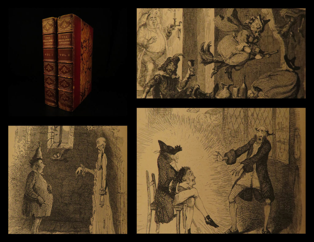 1870 ingoldsby legends occult esoteric tenniel leech cruikshank illustrated | <em>“abracadabra! ”</em> <em> </em> <em>a beautiful and attractive 1864 printing of the famous “ingoldsby legends. ” this collection of myths, ghost stories, and poetry was written by r. H. Barham, who is better known by his penname, thomas ingoldsby. These legends were extremely popular from their inception in 1837, but this edition was illustrated with 60 george cruikshank illustrations! While this collection is less popular today than it was in the 19<sup>th</sup>-century, it does include aspects that are still recognizable – the magic command “abracadabra” and a version of the children’s song bingo! </em> <em> </em> <em>this undated, two-volume edition includes illustrations by george cruikshank, john leech, and john tenniel in an attractive red-leather binding. </em>