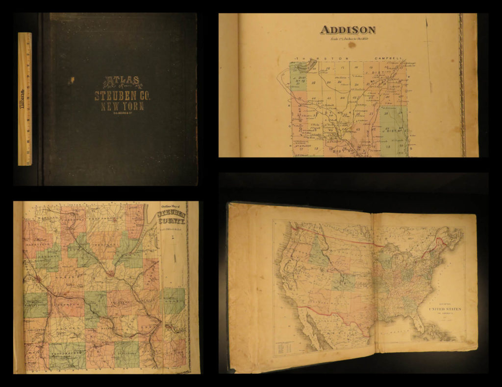 1873 atlas steuben county new york enormous color city maps corning prattsburgh | <em>a rare 19<sup>th</sup>-century atlas of steuben county, new york. Collected by d. G. Beers, this atlas features colored maps of the towns in southern new york – towns such as prattsburgh, wayne, bath, corning, and hammondsport. </em>