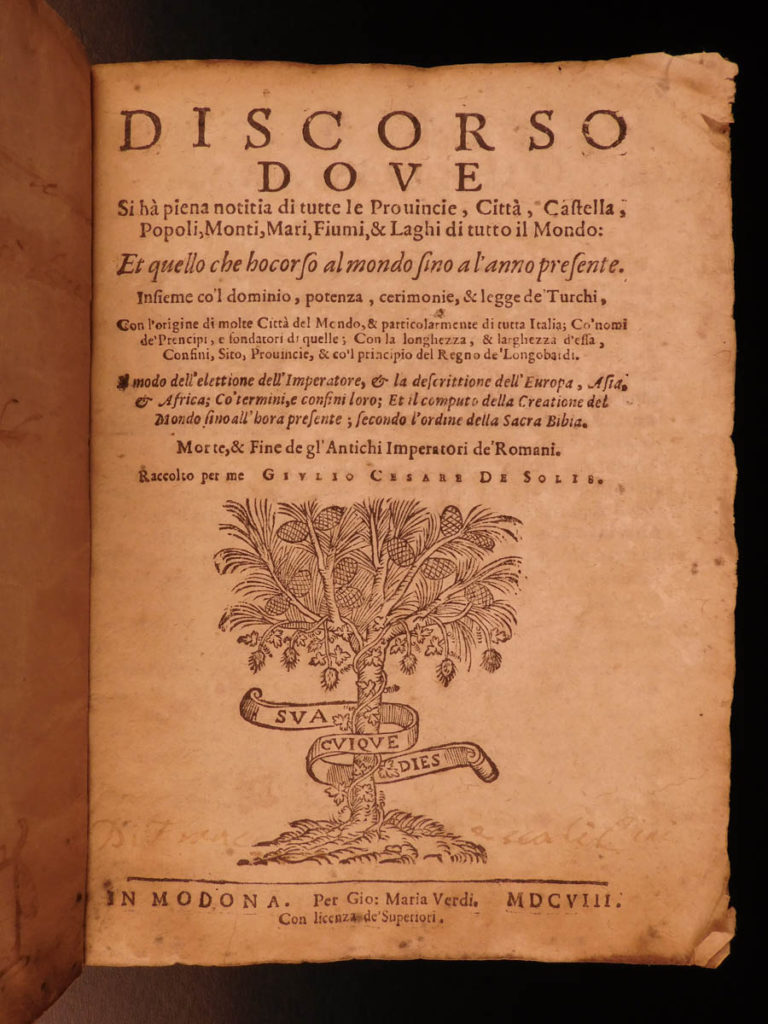 1608 1ed solis world provinces italy constantinople paris geography geneva pisa | <em>‘discourse of the provinces of the world’ is a fascinating and thorough geography account of italian historian giulio solis. This book provides topographical descriptions of the world’s oceans, mountains, cities and towns, castles and cathedrals, and even cultures. However, solis focuses primarily on the italian and turkish powers around the mediterranean and how turkish customs were influential in many other world cities. </em> <em> </em> <em>this rare first edition also includes a short discourse on cosmography to accompany solis’s description of prominent cities: paris, marseille, constantinople, geneva, luca, parma, pisa, savona, gaeta, and many others. </em>
