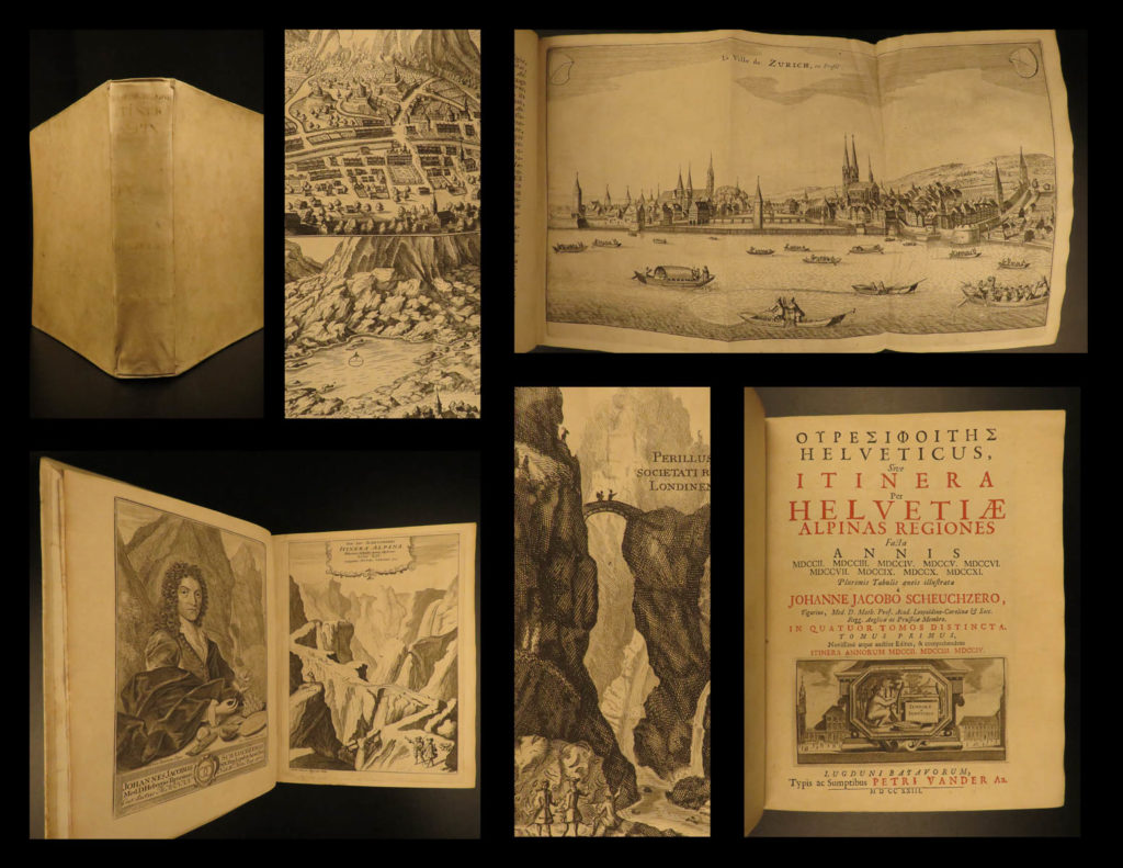 1723 swiss alps voyages illustrated switzerland zurich bern travel scheuchzer | <em>johann jakob scheuchzer was an early 18<sup>th</sup>-century swiss scholar who is best remembered for his incredible travelogues. Beginning in 1702, scheuchzer traveled to nearly every corner of switzerland focusing his excursions on natural studies, mountains, and glaciers. And while most of the work was scientifically accurate, he <strong>does include anecdotal evidence of dragons! </strong> according to fischer, scheuchzer was the first to make the nature of switzerland be the focus of any comprehensive research. </em> <em> </em> <em>this report was published under the title ‘itinera alpina’ – an itinerary of his adventures in the swiss alps. This 1723 leiden edition was published by vander aa, and is notable for its exquisite full-page illustrations of cities views, natural bridges and waterfalls, and swiss relics. This example is the first two volumes of scheuchzer’s famous travel work. </em>