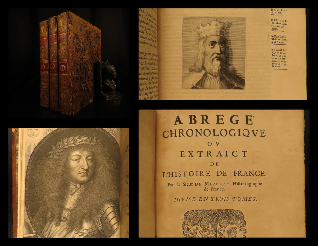 1668 history of france mezeray clovis pharamond legends st louis ix portraits 3v | <em>françois de mézeray was a 17<sup>th</sup>-century french historian most known for his ‘history of france’. While many such historical works exist, mézeray’s approach is a bit different in that he sought to collect and summarize existing french and latin chronicles. This impressive work covers the historical period from the early 5th-century clovis and the legends of pharamond, to the 14th-century reign of francis i. Other notable royals including hugh capet, charles iii, clovis, and pepin the short. </em> <em> </em> <em>this 1668 edition of mezeray’s famous work <strong>features 59 impressive portrait engravings of the french royals. </strong></em> <em> </em>