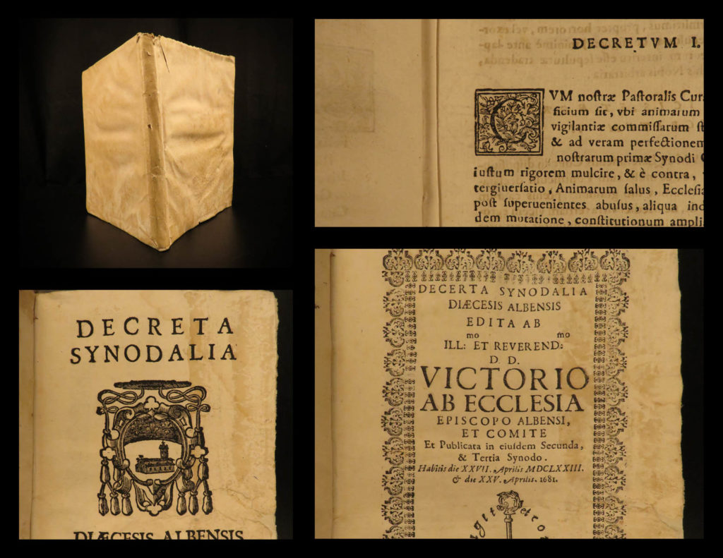 1681 synod of diocese of alba italy decrees catholic church turin saluzzo | <em>a rare and rather obscure 17<sup>th</sup>-century treatise on the decrees of the third synod of the diocese of alba. This work includes constitutions made by the synod for the catholic church along with epigrams in verse. </em>