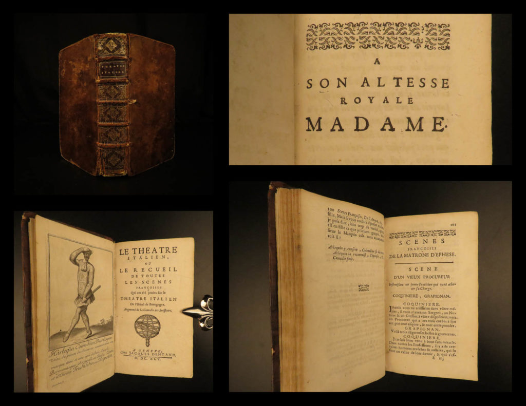 1695 gherardi italian theater & operas french plays commedia dell’arte burlesque | evaristo gherardi was a 17<sup>th</sup>-century italian actor who is best known for his acting and playwright career in france in the 1670s. He edited and collected several scenes from various plays from italian theater which were performed in french – most of which are from the commedia dell’arte. Note the engraving of a burlesque harlequin as the frontispiece of his 1695 edition.