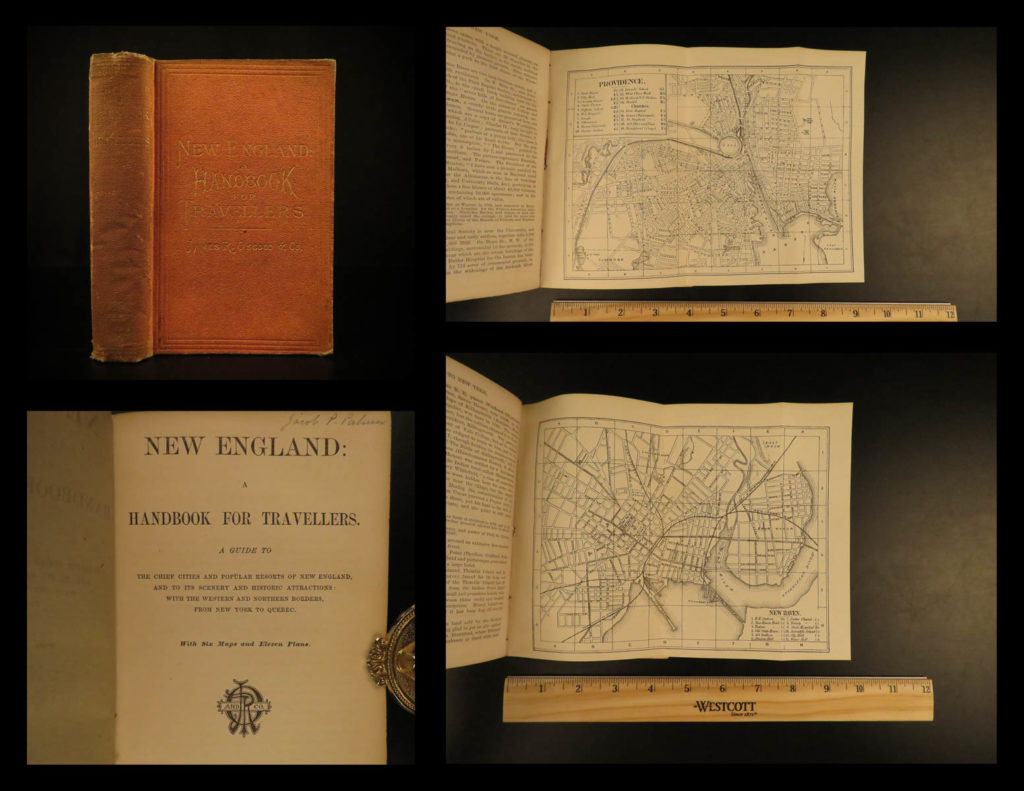 1873 1ed osgood new england atlas traveler guide maps new york quebec geography | james osgood’s travelers handbook was one of the most popular and oft-used 19<sup>th</sup>-century atlases of new england. This book includes descriptions of mountain ranges and tips on traveling through quebec and new york.   this rare first edition includes the often omitted huge, folding map by h. F. Walling.