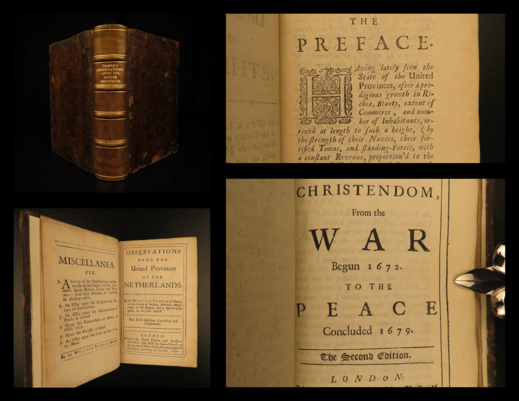 1690 william temple netherlands history english franco-dutch war amsterdam 2in1 | william temple was a 17<sup>th</sup>-century english author who published a variety of works, most of which were essays on politics, historical perspectives of england, and memoirs. While most of his works were shorter pieces, one of his most substantial works was ‘<em>observations up the united provinces of the netherlands</em>’. In this work, temple describes the rise and progress of the netherlands, government, culture and customs, religious preferences, trade, and commerce, as well as a commentary on their ultimate destruction in 1672 to war with france.   this book also includes a second edition of william temple’s ‘<em>memoirs of what past in christendom</em>’ – an account of the franco-dutch war and the third anglo-dutch war. Interestingly, this work was finished with the help of jonathan swift, temple’s secretary at the time.
