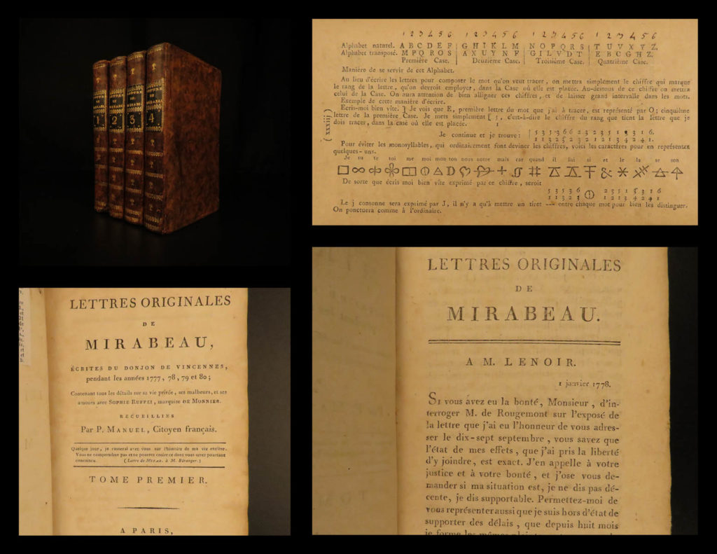 1792 french revolution 1ed letters of mirabeau love letters sophie de monnier 4v | riqueti, count of mirabeau was an 18<sup>th</sup>-century french revolution leader known for his involvement in political controversies and scandals. He spent much of the 1770s imprisoned for his anti-government disposition; however, his longest stint began in 1777 where he spent four years in vincennes castle. While there he wrote a series of letters to his mistress ‘sophie ruffei’, or marie therese de monnier.   these love letters were collected and published by a p. Manuel in 1792; however, manuel’s acquisition of the letters was part of the controversy. The letters left the prison and were seen by police and magistrates where manuel stole the letters and published them without permission of sophie, mirabeau, or the french government.