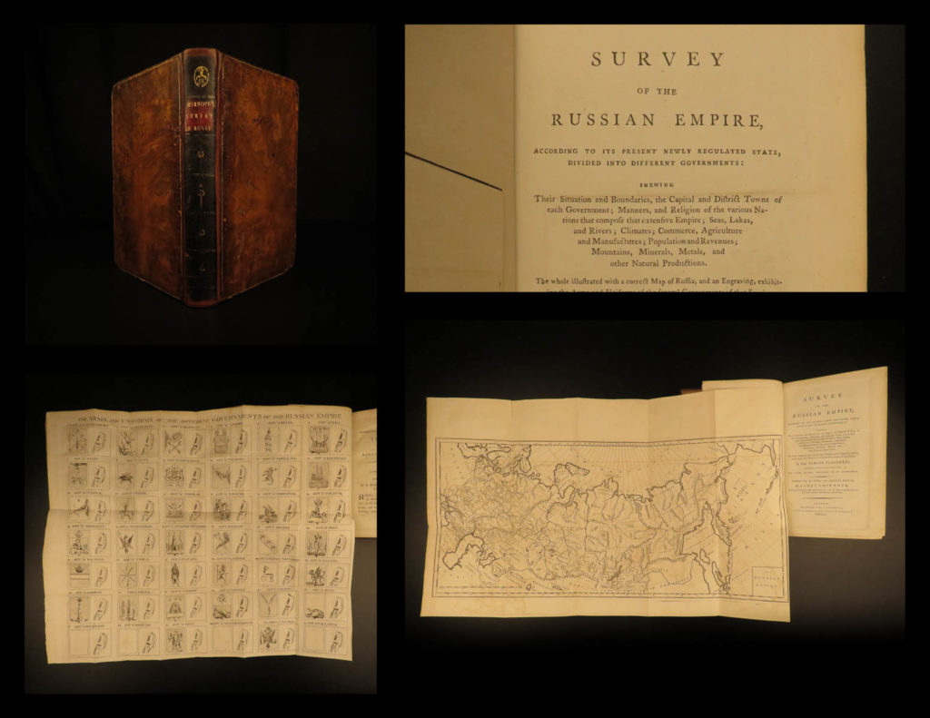 1792 russia 1ed english ivanovich on russian empire military catherine great | sergei pelcheev ivanovich’s ‘<em>survey of the russian empire</em>’ is perhaps the best 18<sup>th</sup>-century account of the politics, military, and social customs of the russia during the reign of catherine the great. It provides commentary on the different governments in the russian empire, including a section of the governing bodies in estonia, and notes on different ethnic peoples throughout northern asia and eastern europe   this 1792 english edition was translated from the original russian by james smirnove. Note the huge folding table of arms and uniforms of the russian empire.