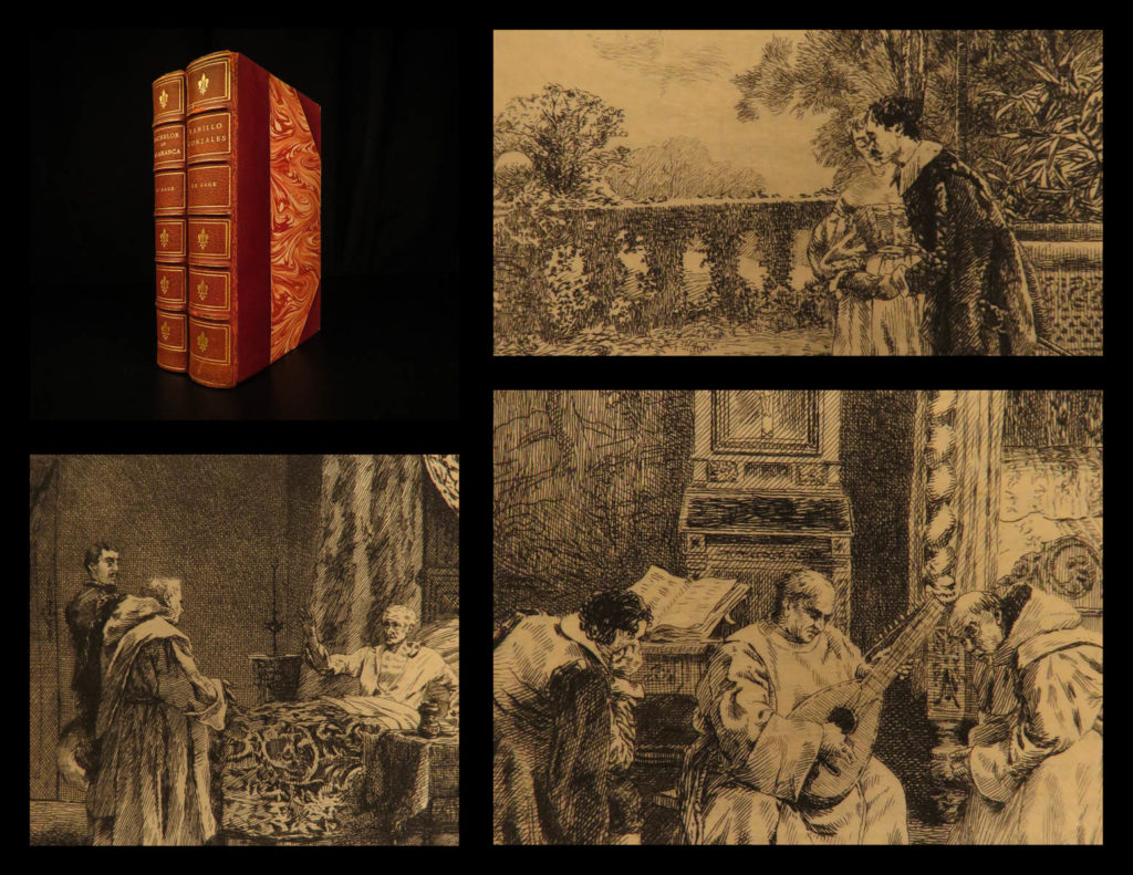 1881 spanish bachelor of salamanca vanillo gonzales le sage townsend los rios 2v | <em> </em> this 2-volume set includes both works ‘<em>the bachelor of salamanca</em>’ and ‘<em>the history of vanillo gonzale</em>s’ by alain rene le sage. Le sage began his career with a translation from the greek, but became famous from his comic operas and his novels including ‘<em>gil blas</em>,’ and ‘<em>devil on crutches</em>. ’ these two volumes consist of his translation of the spanish novel ‘the bachelor of salamanca’ and his last written work ‘<em>the history of vanillo gonzales</em>,’ which resembles ‘gil blas’ in tone frequently utilizing fraud, debauchery, and rogues for entertainment. <em> </em> these 1881 editions include 4 original etchings by r. De los rios are <strong>numbered 27 out of only 100 copies sold. </strong>