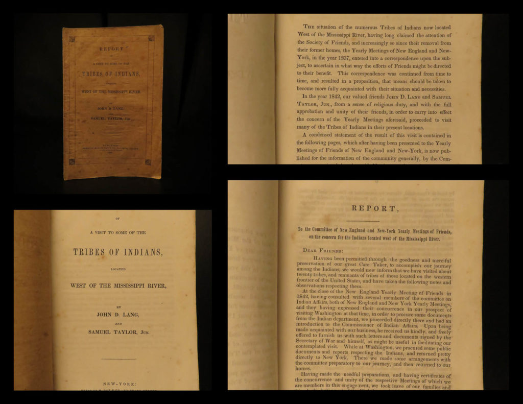 1843 true 1st indian tribes lang & taylor report on cherokee native americans | john lang and samuel taylor were 19<sup>th</sup>-century american explorers who are remembered for their time spent with native american indians. Wagner-camp’s notes on this expedition: “lang and taylor were members of the society of friends who visited the indians recently removed from east of the mississippi to the trans-mississippi regions. Their report was presented to the yearly meeting of the friends of new england and new york before being published under the above title. They visited the winnebagoes, shawnees, kickapoos, delawares, kansas, osages, cherokees, and choctaws, between august and december 1842”   this report is unquestionably one of the best and most authentic accounts of first-hand observations of the cherokee and other notable american indian tribes.   graff notes that this new york edition came before the providence edition of the same year. <strong><u> a true first printing! </u></strong>  