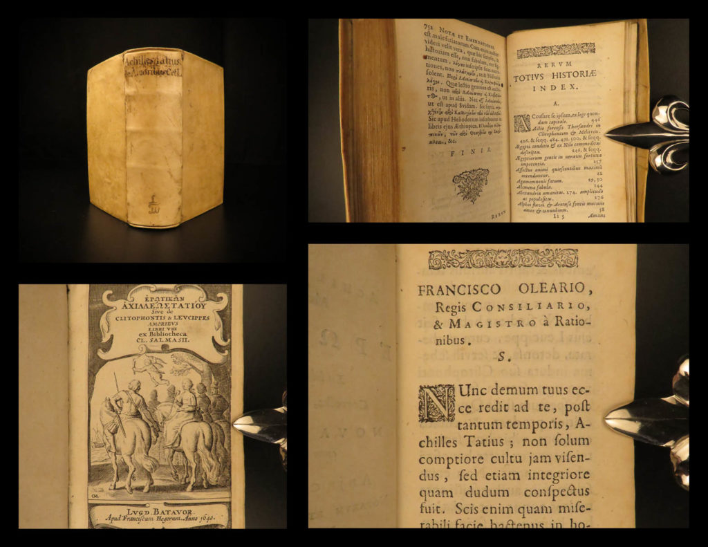 1640 leucippe and clitophon achilles tatius greek mythology eroticism latin | <em> </em> achilles tatius was a 2<sup>nd</sup>-century greek author who is known only for his single surviving work ‘<em>the adventures of leucippe and clitophon</em>’. This story is a classic love story with elements of fantastical beasts, self-torture, and homoeroticism. This work also includes a conversation on whether women or young boys make better lovers, certainly controversial for any era.   this 1640 greek and latin edition was edited by claude saumaise.