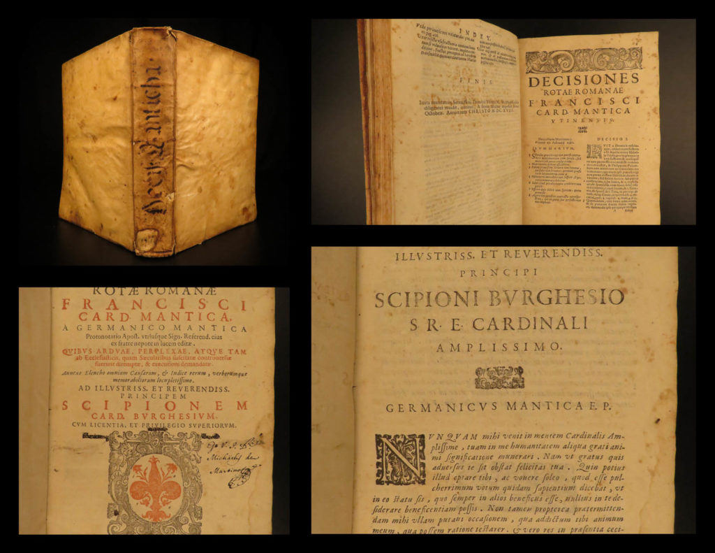 1618 roman rota catholic ecclesiastical law vatican cardinal mantica bologna | <em> </em> francesco mantica was a 16<sup>th</sup>-century bolognese cardinal who was famously part of the roman rota during the 1580s. This 1618 printing of ‘<em>decisions of the roman rota</em>’ is a collection of ecclesiastical law proceedings at the vatican. This edition includes 375 legal decisions made by cardinal mantica from 1587 through 1596.