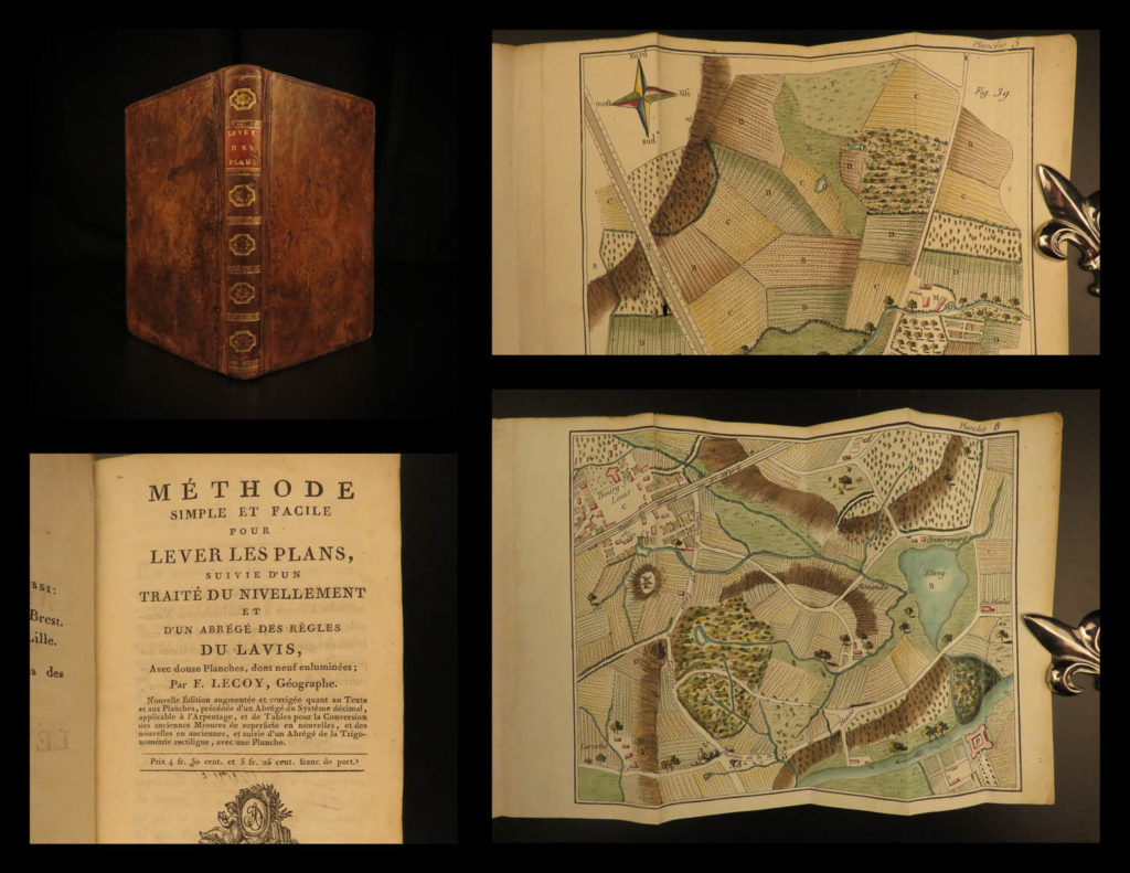 1805 surveying method topography color map making landscaping construction lecoy | francois lecoy’s ‘<em>simple and easy methods for surveying</em>’ is a fine, early 19<sup>th</sup>-century treatise on the systems used in construction and map preparation. Lecoy discusses the means by which french surveyors level land through the means of linear trigonometry. This 1805 first edition is an exception example of early 19<sup>th</sup>-century landscaping and topography. Note that this book includes impressive, folding color engravings of topographical examples and surveying tools.