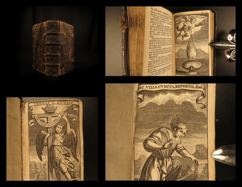 1682 imitation of christ thomas a kempis latin egmond monastic prayers miniature | <p class="paragraph" style="vertical-align: baseline; margin: 0in 0in 0in. 5in;"><span class="normaltextrun"><span style="font-size: 16. 0pt;">“be not angry that you cannot make others as you wish them to be, since you cannot make yourself as you wish to be. ” </span></span><span class="eop"><span style="font-size: 16. 0pt;"> </span></span></p> <p class="paragraph" style="vertical-align: baseline; margin: 0in 0in 0in. 5in;"><span class="normaltextrun"><span style="font-size: 16. 0pt;">― thomas à kempis, <i>the imitation of christ</i></span></span><span class="eop"><span style="font-size: 16. 0pt;"> </span></span></p> <p class="paragraph" style="vertical-align: baseline; margin: 0in 0in 0in. 5in;"><span class="eop"><span style="font-size: 16. 0pt;"> </span></span></p> <p class="paragraph" style="vertical-align: baseline; margin: 0in 0in 0in. 5in;"><span class="normaltextrun"><span style="font-size: 16. 0pt;">thomas a kempis’s most famous and important work has, for centuries, been ‘<i>the imitation of christ. </i>’ it has widely been known to have influence important christian conversion including that of john wesley and john newton.  </span></span><span class="eop"><span style="font-size: 16. 0pt;">17<sup>th</sup>-century editions of kempis are known to be quite rare, and this cologne latin edition is not exception. </span></span></p>