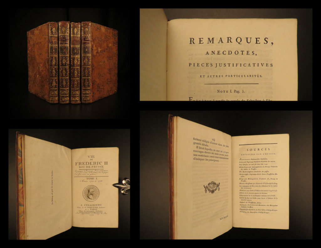 1788 life of frederick ii of prussia germany wars austria politics 4v laveaux | <em>“the first object in the establishment of an army ought to be making provision for the belly, that being the basis and foundation of all operations</em> – frederick the great <em> </em> frederick ii was the most famous king of prussia, notable for his 46 years of reign. He served and ruled over brandenburg-prussia and was as significant force in the wars of polish and austrian succession. Frederick himself invited french historian jean-charles laveaux to embark on a substantial work on the history of the prussian monarchy (of course, frederick ii was the most important facet of that monarchy).   this time spent with frederick ii allowed laveaux to publish three different works surrounding the life and reign of frederick ii. ‘<em>life of frederick ii, king of prussia</em>’ includes documents, speeches, anecdotes, and first-hand experiences covering the life and eventual death of ‘old fritz’.  