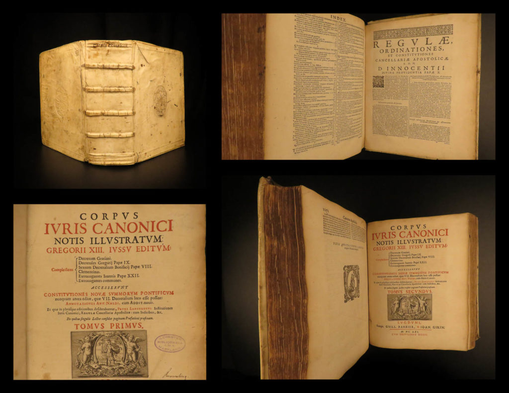 1661 canon law corpus juris inquisition catholic papal decrees lancellotti | <em> </em> a fine 17<sup>th</sup>-century printing of ‘<em>corpus juris canonici</em>’ by johannes paulus lancellottus. This work deals with the ecclesiastical and catholic law and papal decrees during the papacies of the 16<sup>th</sup>- and 17<sup>th</sup>-centuries. It was used for centuries beginning in the 1200s and would appear in courts such as the roman curia and roman rota.  