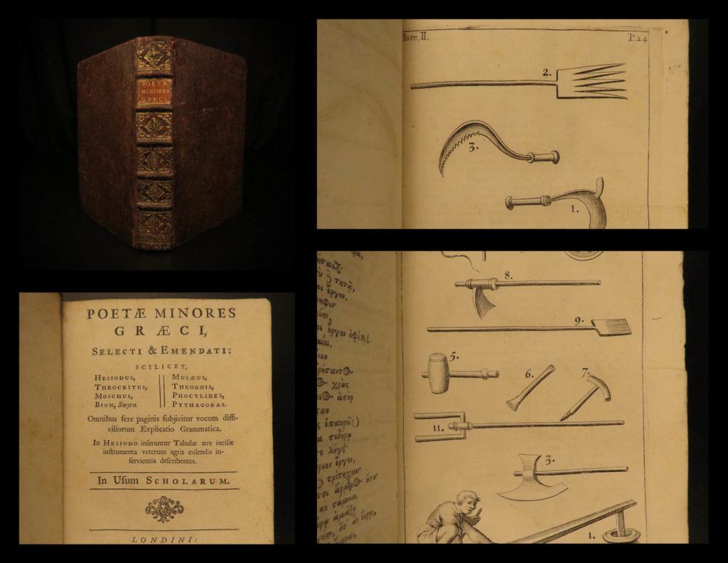 1728 greek poetry 1ed hesiod theocritus phocylides pythagoras greek & latin | ‘<em>poetae minores graeci</em>’ is an 18<sup>th</sup>-century collection of ancient greek poetry. Published in 1728 london, this book includes the works of hesiod, theocritus, moschus, phocylides, and pythagoras! This fine edition was edited by ralph winterton and includes both latin and greek texts in parallel pages.