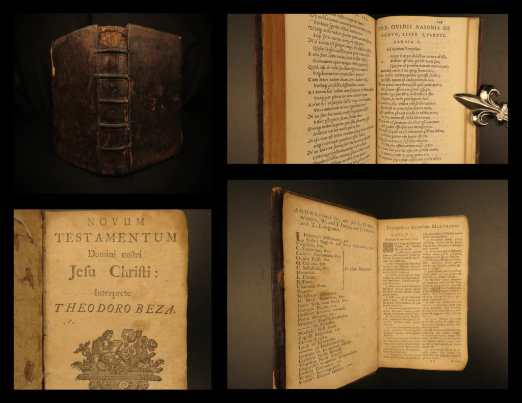 1726 bible theodore beza huguenot latin new testament protestant reformation | theodore beza was one of the most prolific french protestants during the reformation. In 1565, beza first issued an edition of the greek new testament translated into the vulgate. His biblical translations were extremely important and popular throughout europe, especially among calvinists and helped shape many theological scholars who came after him. <em> </em> this 1726 midwinter latin edition of beza’s new testament was published in london.