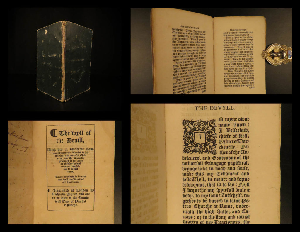 1828 wyll of the devil anti catholic propaganda 1577 george gascoigne lmtd ed | <em> </em> george gascoigne was a 16<sup>th</sup>-century english author who, anonymously, published a vehement satirical attack on the catholic church under the title ‘<em>the will of the devil</em>’. According to schelling’s ‘<em>life and writings of george gascoigne</em>’, this 1828 facsimile limted edition of a 16<sup>th</sup>-century edition is extraordinarily rare – <strong>only 40 copies were printed! </strong> this edition was edited by james maidment, published in edinburgh.