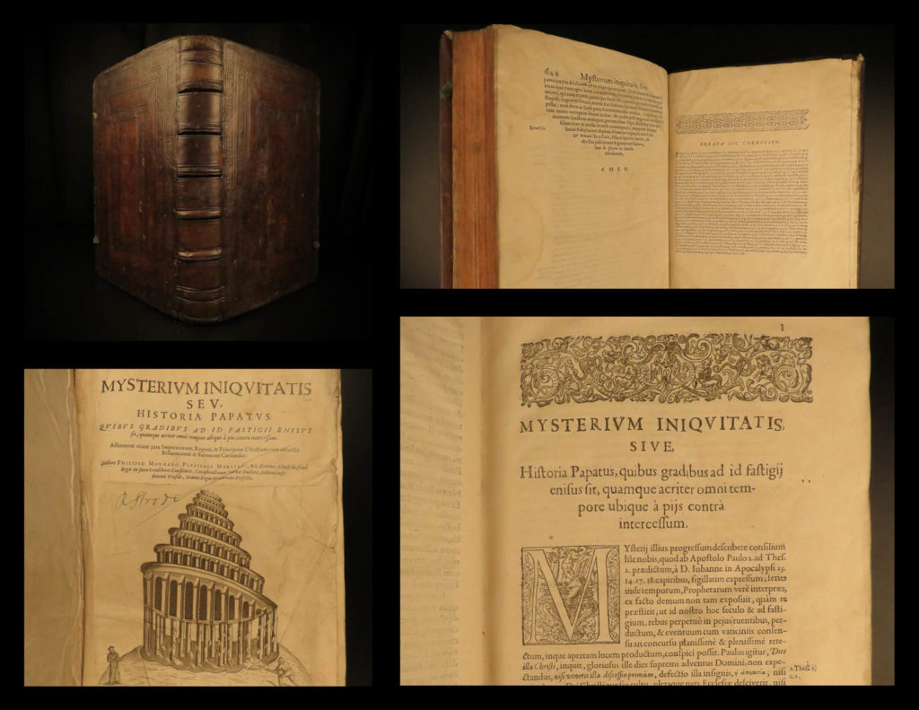 1611 antichrist 1st ed huguenot mornay mystery of iniquity pope paul hobbes rare | philippe de mornay was a 16<sup>th</sup>-century french protestant author who published anti-catholic and anti-papacy treatises. As a huguenot apologist, mornay wrote ‘<em>the mystery of the iniquity</em>’ which was an attack on the papacy highlighting the pope’s abuse of power within the catholic church. Mornay follows the progression of the abuse of papal powers beginning in the middle ages. Mornay draws comparisons between pope paul v and the antichrist, calling him the ‘caligula’ of the catholic church!   following the release of this book, mornay was immediately condemned by the catholic church and cardinal richelieu who called this work ‘a detestable book’. <u>by 1621, any known copies still found in saumur were gathered and burned</u> at saumur castle once mornay finally left his post as governor.   this book was known to heavily influence thomas hobbes who borrowed historical details from mornay. (collins)