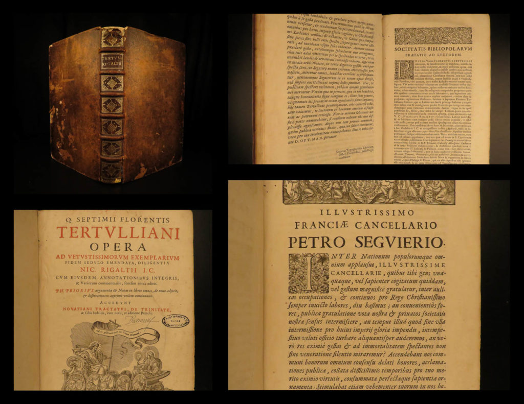 1664 tertullian early church father pagan heresy anti jewish pamelius latin huge | <em>“truth persuades by teaching, but does not teach by persuading. ” </em> ― tertullian <em> </em> tertullian was a 2<sup>nd</sup>-century early christian church author and apologist. His works helped establish western theology and early church doctrine, especially those that spoke out against heresy. He is perhaps most famous for being the first latin writer to use the term ‘trinity’ in reference to the father, son, and holy spirit.   tertullian emphatically defended christianity against pagans as well as defended ‘freedom of religion’ as human right unable to be taken away. One of his important apologetics was an anti-jewish treatise to counteract gnosticism and other philosophically based doctrines.   these defenses, along with other tertullian works, are collected in this 1664 latin edition. This edition also includes shorter works including a ‘life of tertullian’ by jacob pamelio.  