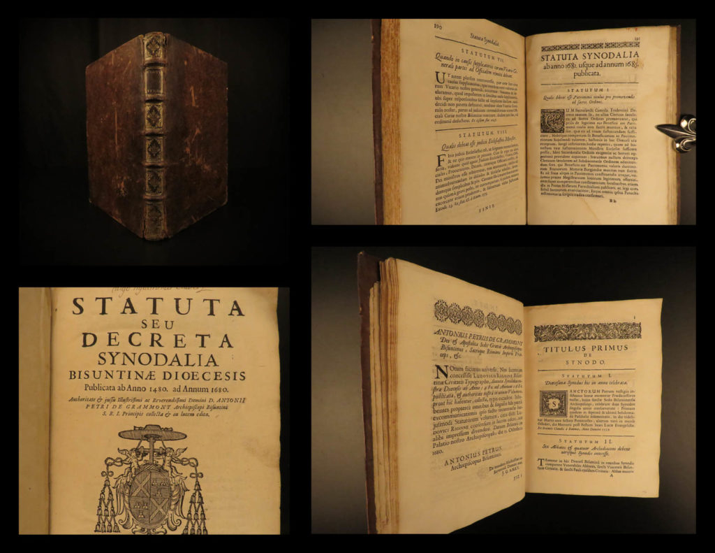 1680 diocese of besancon 1ed france statutes decrees catholic church grammont | <em>“statuta seu decreta synodalia</em>” is a late 17<sup>th</sup>-century account of the statutes and decrees of the catholic diocese of besançon. Written and collected by antoine pierre de grammont, this work includes notes on catholic councils, reforms, as well as the divine office.